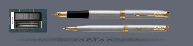 Zestaw Pióro wieczne + Długopis Parker Sonnet Core Satynowa Stal GT + Etui Kolor | Stalówka F - 1931504_1931507