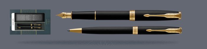 Zestaw Pióro wieczne + Długopis Parker Sonnet Core Czarny Mat GT + Etui Kolor Stalówka F - 1931516_1931519