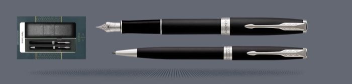 Zestaw Pióro wieczne + Długopis Parker Sonnet Core Czarny Mat CT + Etui Kolor | Stalówka F - 1931521_1931524
