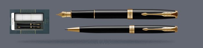 Zestaw Pióro wieczne + Długopis Parker Sonnet Core Czarny Lakier GT + Etui Kolor | Stalówka M