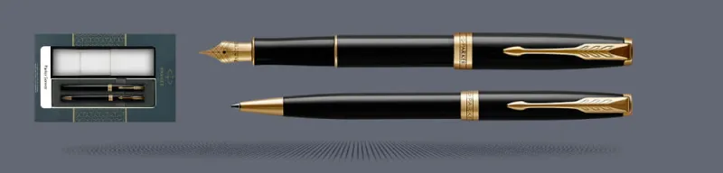 Zestaw Pióro wieczne + Długopis Parker Sonnet Core Czarny Lakier GT + Etui Kolor | Stalówka M