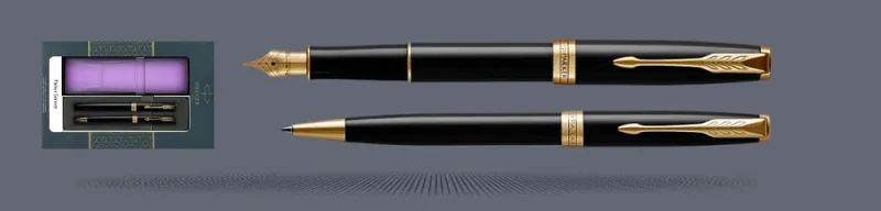 Zestaw Pióro wieczne + Długopis Parker Sonnet Core Czarny Lakier GT + Etui Kolor | Stalówka M