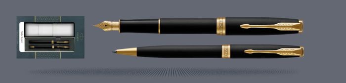 Zestaw Pióro wieczne + Długopis Parker Sonnet Core Czarny Mat GT + Etui Kolor Stalówka F - 1931516_1931519