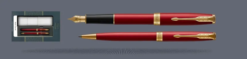 Zestaw Pióro wieczne + Długopis Parker Sonnet Core Czerwony Satynowy Lakier GT + Etui Kolor | Stalówka F - 1931473_1931476