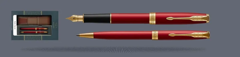 Zestaw Pióro wieczne + Długopis Parker Sonnet Core Czerwony Satynowy Lakier GT + Etui Kolor | Stalówka F - 1931473_1931476
