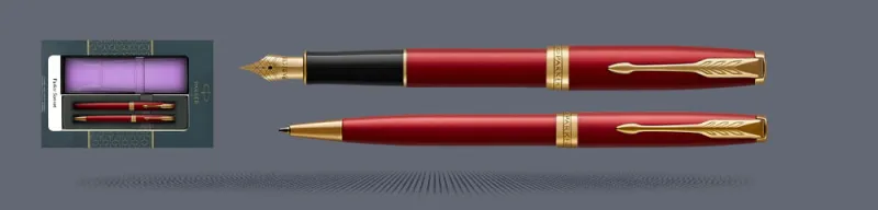 Zestaw Pióro wieczne + Długopis Parker Sonnet Core Czerwony Satynowy Lakier GT + Etui Kolor | Stalówka F - 1931473_1931476
