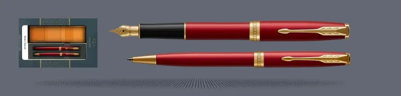 Zestaw Pióro wieczne + Długopis Parker Sonnet Core Czerwony Satynowy Lakier GT + Etui Kolor | Stalówka F - 1931473_1931476