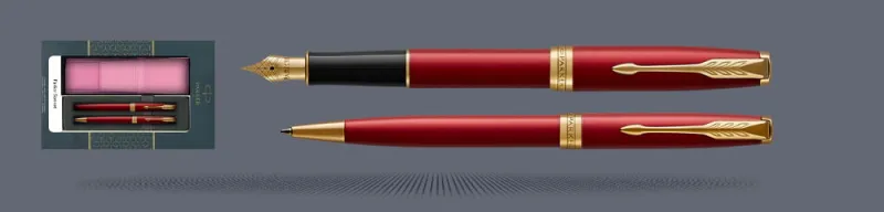 Zestaw Pióro wieczne + Długopis Parker Sonnet Core Czerwony Satynowy Lakier GT + Etui Kolor | Stalówka F - 1931473_1931476