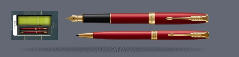 Zestaw Pióro wieczne + Długopis Parker Sonnet Core Czerwony Satynowy Lakier GT + Etui Kolor | Stalówka F - 1931473_1931476