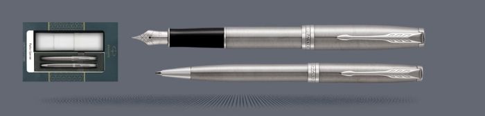 Zestaw Pióro wieczne + Długopis Parker Sonnet Core Satynowa Stal CT + Etui Kolor | Stalówka F - 1931509_1931512