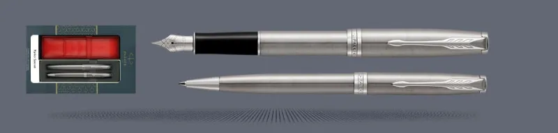Zestaw Pióro wieczne + Długopis Parker Sonnet Core Satynowa Stal CT + Etui Kolor | Stalówka F - 1931509_1931512