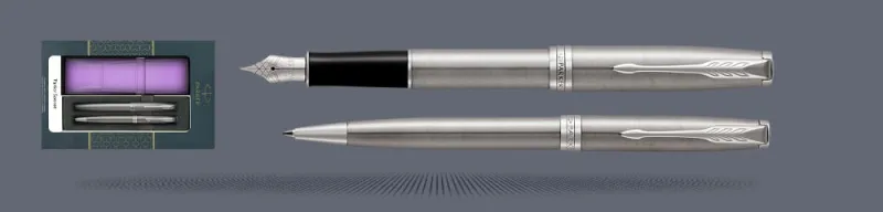 Zestaw Pióro wieczne + Długopis Parker Sonnet Core Satynowa Stal CT + Etui Kolor | Stalówka F - 1931509_1931512