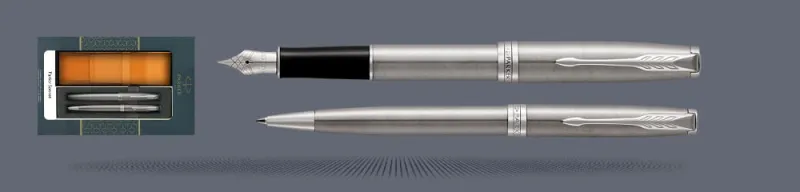 Zestaw Pióro wieczne + Długopis Parker Sonnet Core Satynowa Stal CT + Etui Kolor | Stalówka F - 1931509_1931512