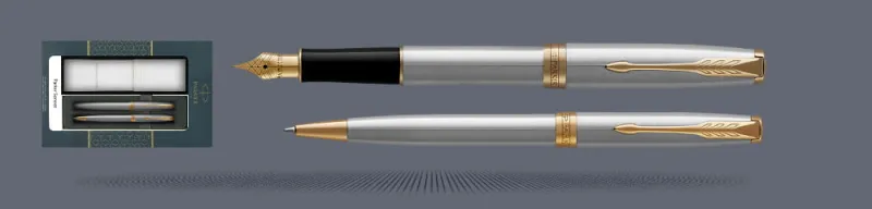 Zestaw Pióro wieczne + Długopis Parker Sonnet Core Satynowa Stal GT + Etui Kolor | Stalówka F - 1931504_1931507