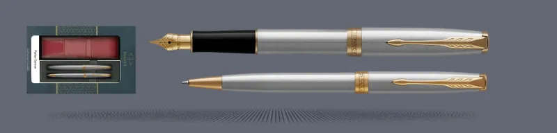 Zestaw Pióro wieczne + Długopis Parker Sonnet Core Satynowa Stal GT + Etui Kolor | Stalówka F - 1931504_1931507