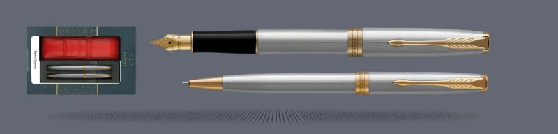Zestaw Pióro wieczne + Długopis Parker Sonnet Core Satynowa Stal GT + Etui Kolor | Stalówka F - 1931504_1931507