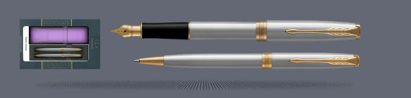 Zestaw Pióro wieczne + Długopis Parker Sonnet Core Satynowa Stal GT + Etui Kolor | Stalówka F - 1931504_1931507