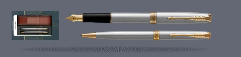 Zestaw Pióro wieczne + Długopis Parker Sonnet Core Satynowa Stal GT + Etui Kolor | Stalówka F - 1931504_1931507