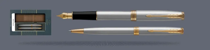 Zestaw Pióro wieczne + Długopis Parker Sonnet Core Satynowa Stal GT + Etui Kolor | Stalówka F - 1931504_1931507