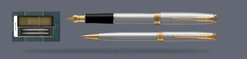 Zestaw Pióro wieczne + Długopis Parker Sonnet Core Satynowa Stal GT + Etui Kolor | Stalówka F - 1931504_1931507