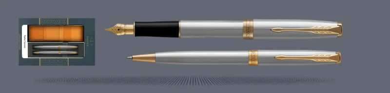 Zestaw Pióro wieczne + Długopis Parker Sonnet Core Satynowa Stal GT + Etui Kolor | Stalówka F - 1931504_1931507