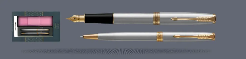 Zestaw Pióro wieczne + Długopis Parker Sonnet Core Satynowa Stal GT + Etui Kolor | Stalówka F - 1931504_1931507