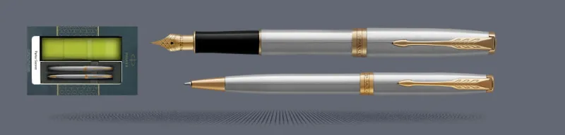 Zestaw Pióro wieczne + Długopis Parker Sonnet Core Satynowa Stal GT + Etui Kolor | Stalówka F - 1931504_1931507