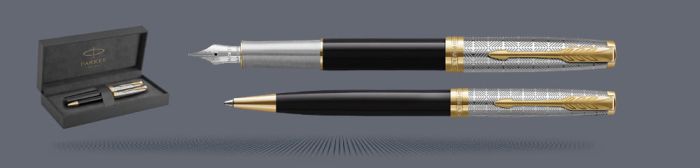 Zestaw Pióro wieczne + Długopis Parker Sonnet Premium Metal & Black GT | Stalówka F/18k - 2119784_2119787