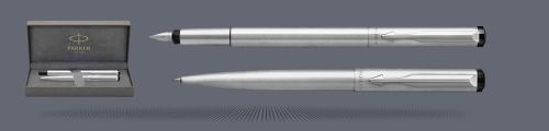 Zestaw piśmienny Pióro wieczne + Długopis Parker Vector Satynowa Stal 2017 + Premium Box | Stalówka M - 2026687_2025445