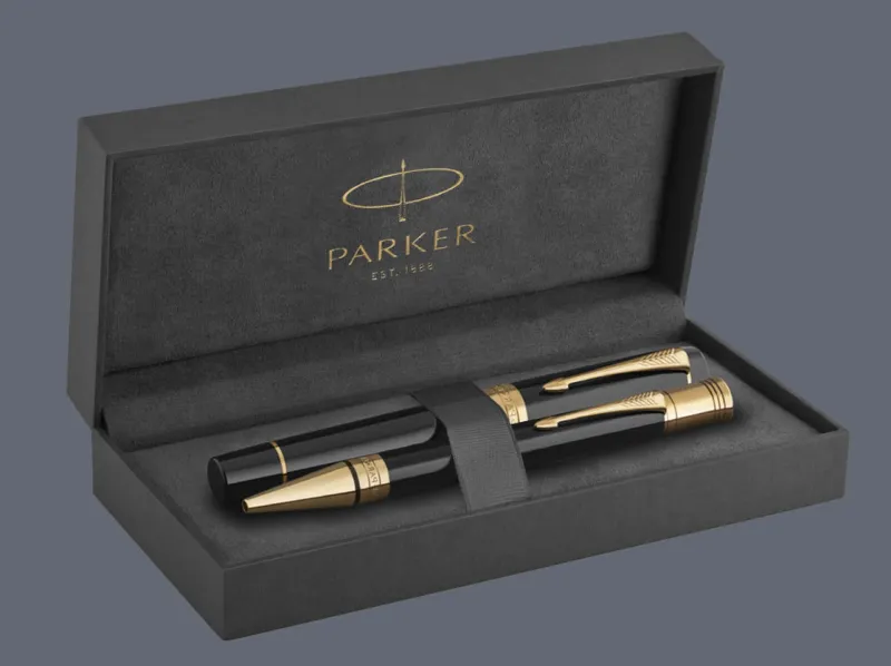 Zestaw Pióro wieczne + Długopis Parker Duofold Classic Centennial Czarny Akryl GT | Stalówka F/18k - 1931381_1931386 + BOX Premium
