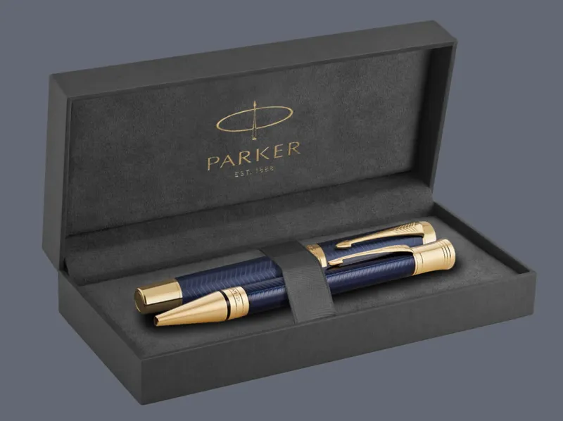 Zestaw Pióro wieczne + Długopis Parker Duofold Prestige Centennial Niebieska Jodełka GT | Stalówka F/18k - 1931369_1931373 + BOX Premium