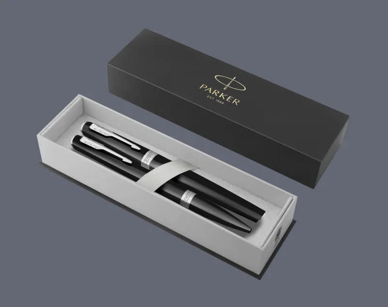 Zestaw Pióro wieczne + Długopis Parker Meridian Glossy Black CT | Stalówka F - 2231396_2231399