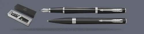 Zestaw Pióro wieczne + Długopis Parker Meridian Glossy Black CT | Stalówka F - 2231396_2231399