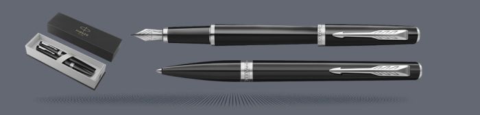 Zestaw Pióro wieczne + Długopis Parker Meridian Glossy Black CT | Stalówka F - 2231396_2231399
