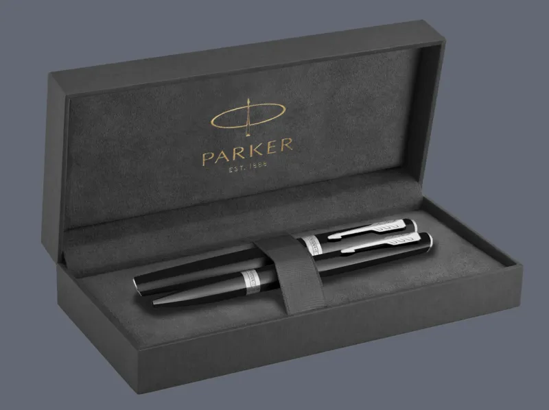 Zestaw Pióro wieczne + Długopis Parker Meridian Glossy Black CT + Premium Box | Stalówka F - 2231396_2231399