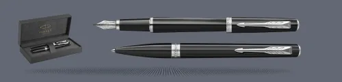 Zestaw Pióro wieczne + Długopis Parker Meridian Glossy Black CT + Premium Box | Stalówka F - 2231396_2231399