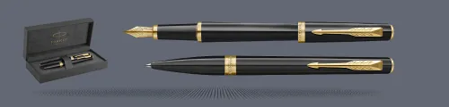 Zestaw Pióro wieczne + Długopis Parker Meridian Glossy Black GT + Premium Box | Stalówka F - 2231392_2231395