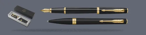Zestaw Pióro wieczne + Długopis Parker Meridian Mate Black GT | Stalówka F - 2231396_2231399