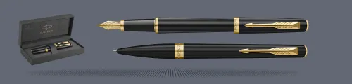 Zestaw Pióro wieczne + Długopis Parker Meridian Mate Black GT + Premium Box | Stalówka F - 2231396_2231399
