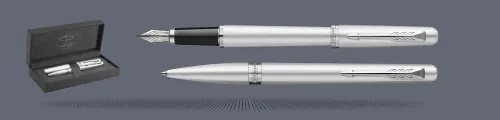 Zestaw Pióro wieczne + Długopis Parker Meridian Chrome CT + Premium Box | Stalówka F - 2231388_2231391