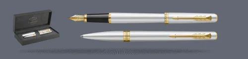 Zestaw Pióro wieczne + Długopis Parker Meridian Chrome GT + Premium Box | Stalówka F - 2231384_2231387
