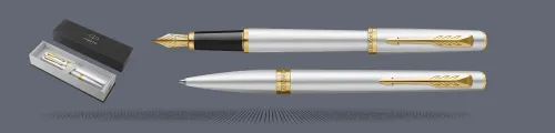 Zestaw Pióro wieczne + Długopis Parker Meridian Chrome GT | Stalówka F - 2231384_2231387