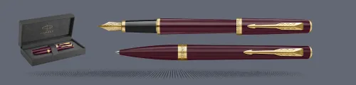Zestaw Pióro wieczne + Długopis Parker Meridian Red GT + Premium Box | Stalówka F - 2231412_2231415
