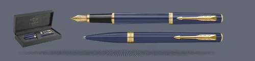 Zestaw Pióro wieczne + Długopis Parker Meridian Blue GT + Premium Box | Stalówka F - 2231408_2231411