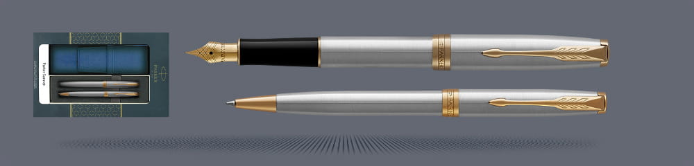 Zestaw Pióro wieczne + Długopis Parker Sonnet Core Satynowa Stal GT + Etui Kolor | Stalówka F - 1931504_1931507
