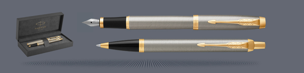 Zestaw Pióro wieczne + Długopis Parker IM Core Brushed Metal GT + Premium Box | Stalówka F - 1931649_1931670